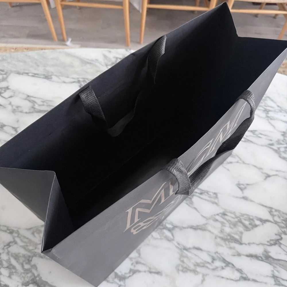 MCM Large Black Paper Shopping Bag Gold Logo Ribbon Handles 20.5x16x8